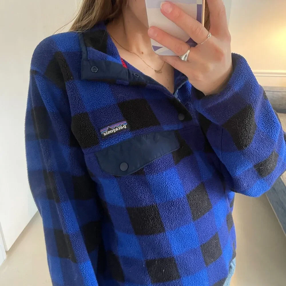 Patagonia Synchilla Plaid Check Snap Pullover Fleece Jacket Blue Men's X-Small